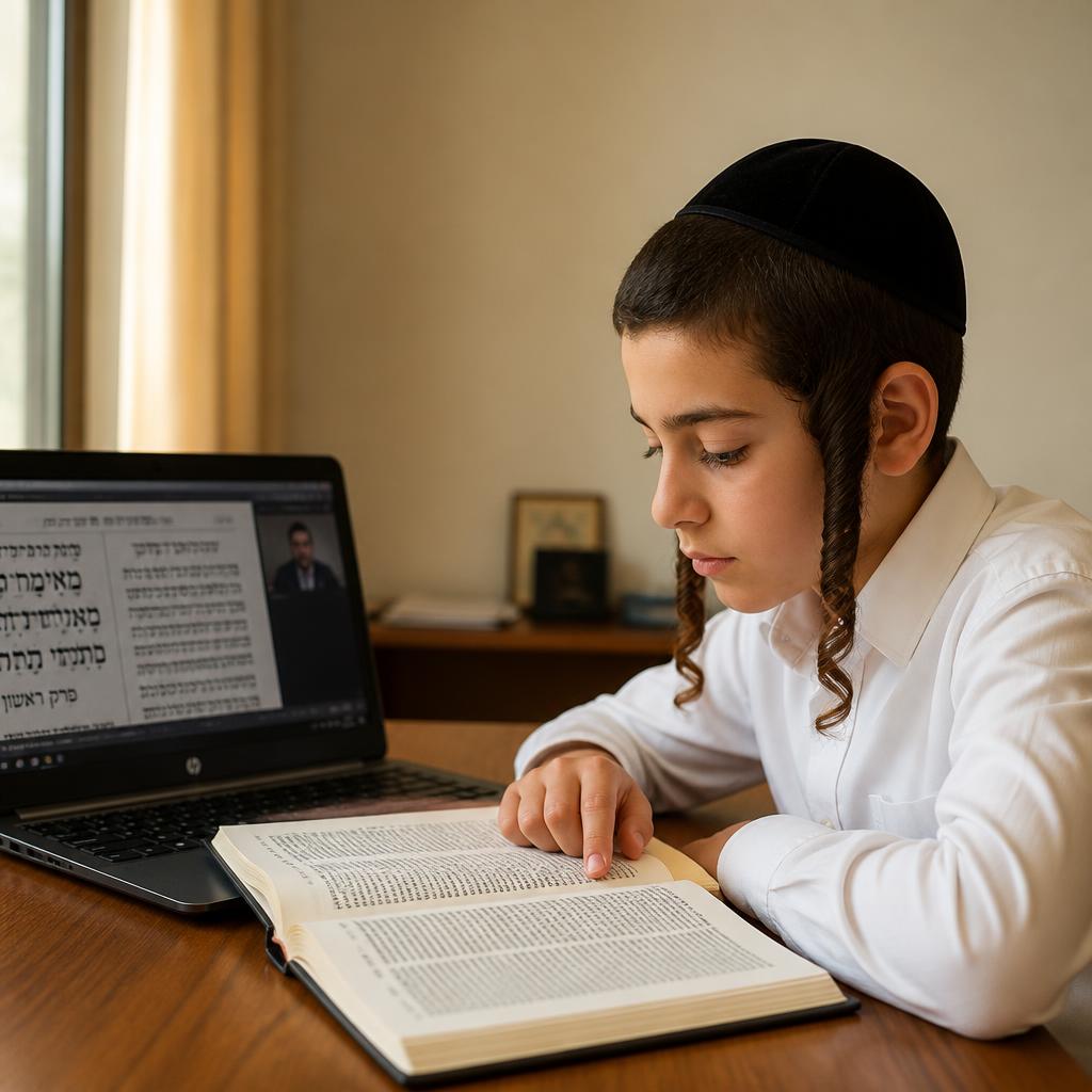 ילד עם כיפה שחורה ופיאות לומד גמרא בשיעור זום